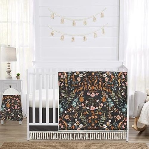 Sweet Jojo Designs 4-Piece Baby Crib Bedding Set (Black Wildflower Vintage Floral) for Girls, Infants/Nursery incl. Blanket, Fitted Sheet, Skirt, Diaper Stacker (Boho, Paisley, Bohemian, Cottagecore)