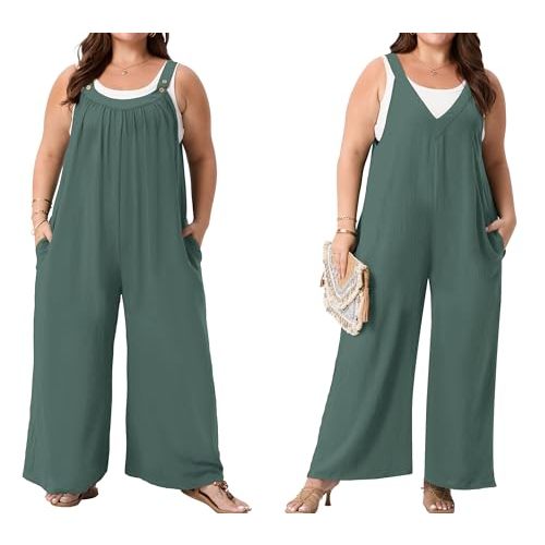 OLRIK Plus Size Overalls for Women Reversible Jumpsuits Wide Leg Rompers Curvy Adjustable Strap Loose Summer Pockets