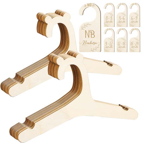 LUIISIS 20 Pack Wooden Baby Hangers with 7 Dividers, Cute Kids Toddler Clothes Hangers, Non Slip Newborn Infant Hangers for Children's Coats Dresses Pants Jackets (8.5 x 4.3 Inch)