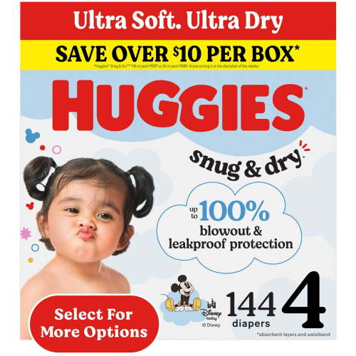 Huggies Snug & Dry Baby Diapers, Size 4 (22-37 lbs), 144 Count (Select for More)