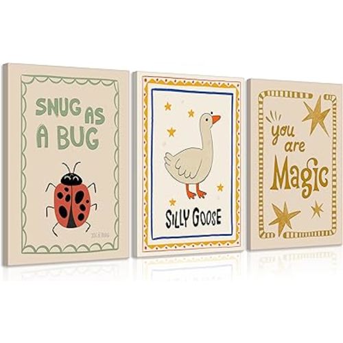 Silly Goose Nursery Canvas Wall Art Cute Animals Insect Picture Wall Decor Trendy Magic Posters Snug As a Bug Rustic Farmhouse Painting Print Artwork for Kids Baby Room Playroom Classroom, Framed