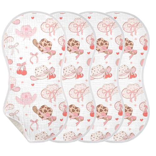 Mazeann Western Pinks Cowgirl Hat Burp Cloths Baby Boys Girls Absorbent Soft Cotton Burping Cloths Rags, 4 Pack