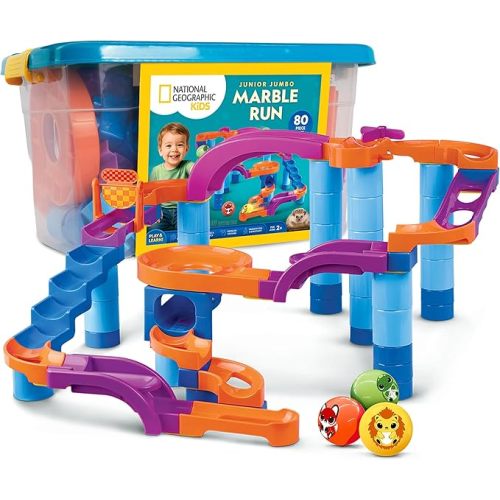 National Geographic Kids Junior Jumbo Marble Run – 80-Piece Ball Drop Toy with Storage Bin, Kid-Safe Balls & Buildable Marble Run Maze for Toddlers & Preschoolers Ages 2+