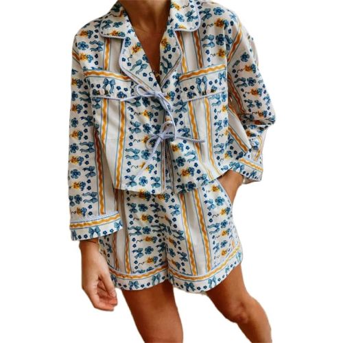Thopavenoir Women Casual Lounge Set 2 Piece Pj Set 3/4 Sleeve Floral Printing Tie Front Shirt High Wast Baggy Shorts Set