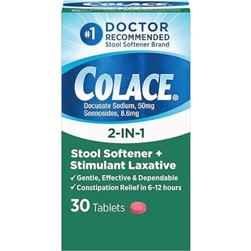 Colace 2-In-1 Stool Softener & Stimulant Laxative Tablets, Gentle Constipation Relief in 6-12 Hours, 30 Count