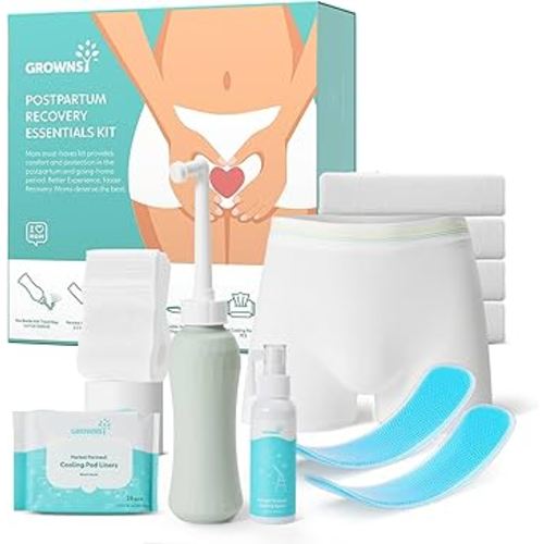 Grownsy Postpartum Essentials Recovery Kit for Labor & Delivery | Postpartum Kit for Women | Includes Upside Down Peri Bottle, Perineal Spray, 28 Cooling Pad Liners,2 Ice Packs &4 Disposable Underwear