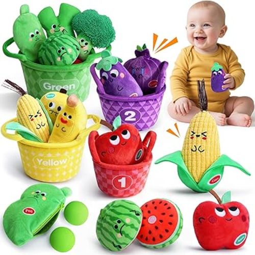 Sensory Bean Bags, Play Food for Toddler, My First Fruit Vegetable Basket Texture Sensory Toys with Crinkle Rattle, Color Sorting Matching Game, Easter Soft Plush Stocking Stuffers Baby Boy Girl