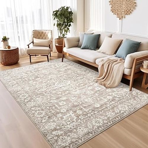 6x9 Area Rugs for Living Room, Stain Resistant Washable Rugs for Dining Room, Kitchen, Floral Vintage Non-Slip Thin Area Rug(Light Brown, 6'x9')