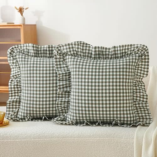 Gingham Pillow Covers (2 Pack) - 22 x22 Inches Sage Green/White Plaid, 100% Washed Cotton Vintage Ruffle Decorative Throw Pillowcases with Zipper Closure for Bed & Couch