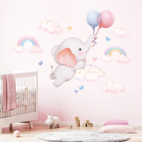 Cute Pink Elephant Wall Sticker Cartoon Cloud Rainbow Heart Animal Wall Decal Girls Bedroom Nursery Baby Wall Decor