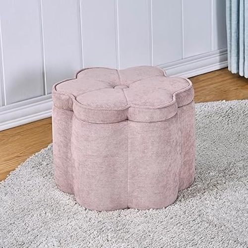 Crestview Collection 14.5" Flower Storage Ottoman, Footrest Ottoman with Storage,Chenille Fabric Pouf Ottoman for Home Decor, Extra Seating for Living Room, Bedroom, Entryway, Pink
