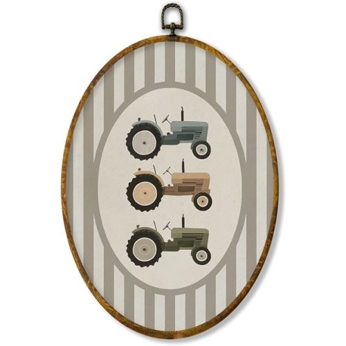 XPH 1255- Vintage Farmhouse Tractor Oval Wall Art Framed, Kids Room Oval Wall Decor, Rustic Farm Vehicle Hanging Canvas Prints for Home Kids Boy Nursery Room Bedroom Playroom Decoration, 8.6x11.4 Inch