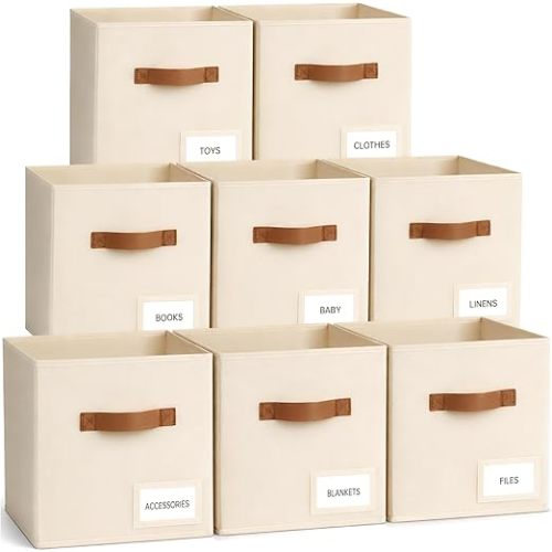 Storage Cubes 8 Pack, 11 Inch Fabric Storage Cubes Organizer Bins with Labels, Odor-Free & Sturdy PP Structure, Cubby Baskets for Closet, Shelves, Toys & Nursery (Beige)