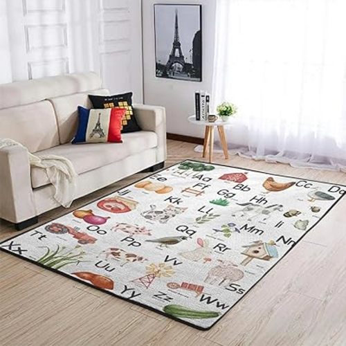 Large Area Rugs Cute Farm Life ABC Learning Indoor Floor Carpet for Kids Toddler Baby Nursery Bedroom Decor Rugs Daycare Playmat Bathroom Living Room Kitchen Entryway Door Mats 20x32inch
