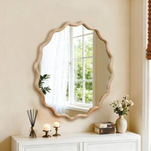 Natural Wood 36 in. W x 36 in. H Wavy Round Solid Wood Framed Mirror for Bathroom Vanity Living Room Entryway Decor