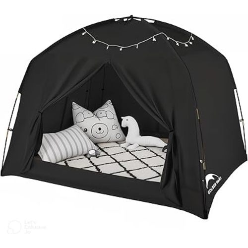 Bed Tents for Kids and Adult, Portable 100% Breathable and 93% Blackout Toddler Dream Play Tent, 3 Doors Big Privacy Space Sleeping Canopy for Floor or Twin Full Queen Sizes Bed (Black, Twin-Size)