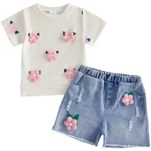YINGISFITM Toddler Baby Girl Clothes Summer Floral Print Short Sleeve Tee Shirt Jeans Shorts Cute Outfit Girls Clothing Set