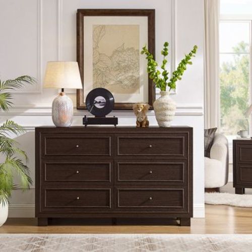 6 Drawer Dresser for Bedroom, 52" Mid-Century Modern Wood Chest of Drawers with Metal Handles, Storage Organizer Cabinet for Living Room, Brown