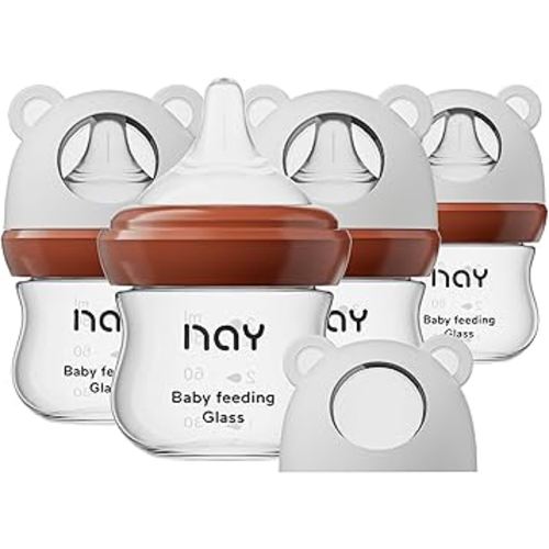 Natural Glass Baby Bottle for Breastfeeding Babies, 3oz Newborn Anti-Colic Baby Bottle with Slow Flow Nipples (SS), Clear, Wide Neck, 4 Pack, 0 Months+