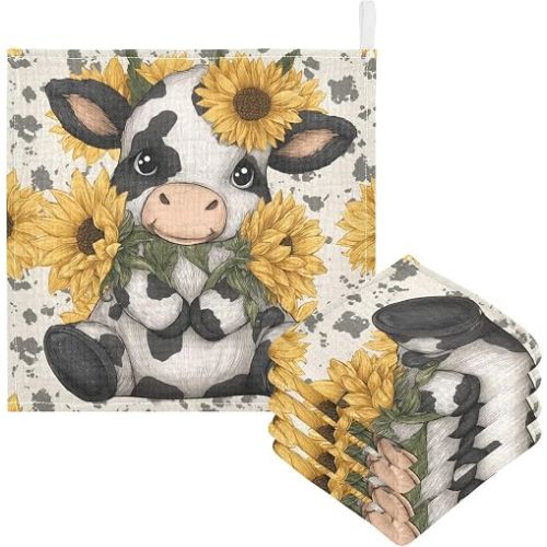Cow Sunflowers Baby Washcloths Newborn Muslin Burp Cloths 3 Pack Soft Cotton Baby Face Bath Towel Drool Bibs for Infants, Girls and Boys 11.8 x 11.8 Inch