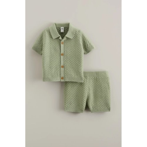 Short Sleeve Knit Button-Up Shirt & Shorts Set
