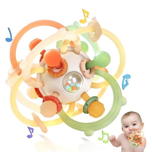 Baby Rattle Ball Teething Toys for 0 3 6 9 12 18 Months Boys Girls, Brown | Silicone Montessori Teethers with Rattle Ball for Newborn Infant, Sensory Delopmental Gift