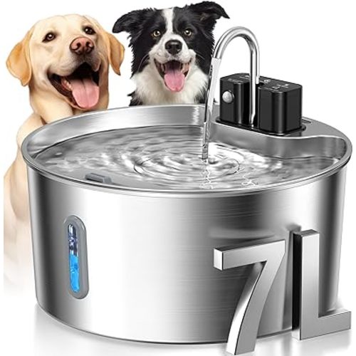 Voluas Dog Water Fountain: 1.8Gal/7L Wireless Stainless Steel Dog Fountain Bowl for Small to Large Dogs, Battery Operated Pet Water Dispenser Indoor with Ultra-Quiet Pump, Multi-Filtration, Easy Clean