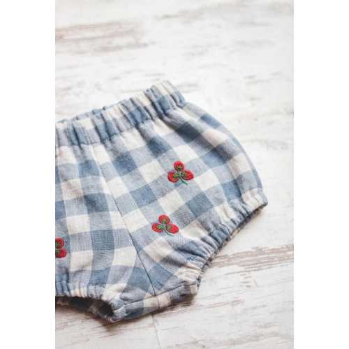 Gingham Linen Baby Bloomers with Tomato Embroidery, Cottagecore Toddler Shorts, Baby Linen Shorties, Whimsical Kids Summer Wear