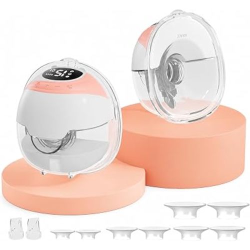 Wearable Electric Breast Pump 2-Pack, 320mmHg, 3 Modes, 15 Levels, Pink