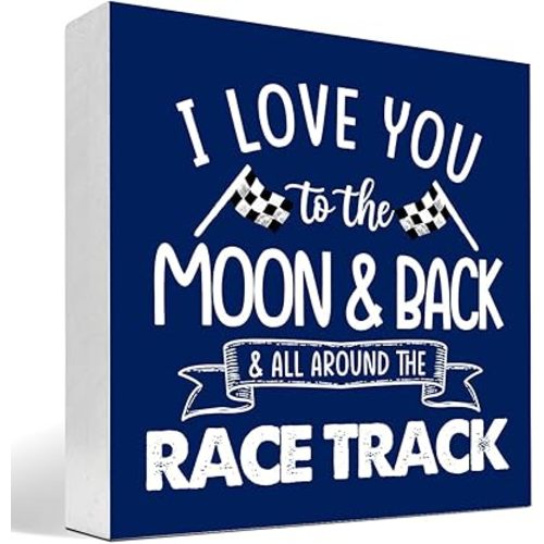 I Love You To The Moon And Back And All Around The Race Track Wood Box Sign Desk Decor,Farmhouse Racing Checkered Flags Box Block Sign for Home Boys Room Shelf Table Decor Navy