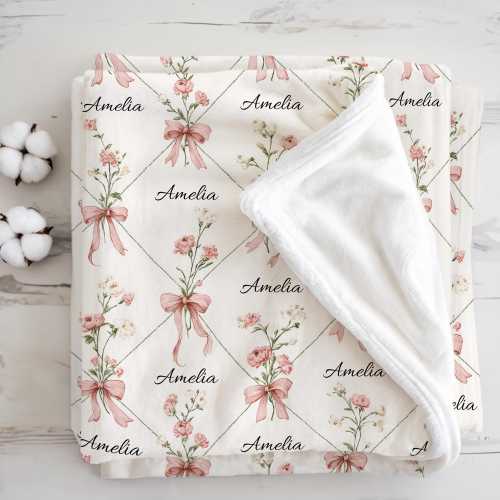 Personalized Pink Bow Baby Blanket Baby Shower Gift Custom Pink Bow Nursery Decor Coquette Baby Girl Nursery Blanket