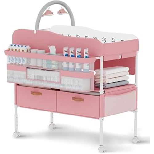 Diaper Changing Station, Portable Changing Table for Baby, Diaper Changing Table with Storage Drawers, Waterproof Baby Changing Station with Wheels and Adjustable Height for Newborn Infant (Pink)