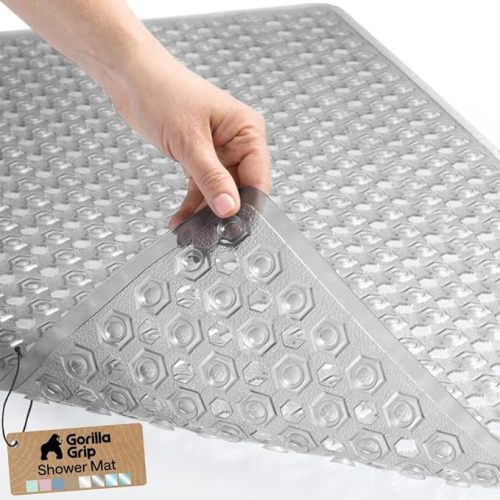 GORILLA GRIP Patented Bath Tub Shower Mat, Machine Washable Bathtub Floor Liner Mats, Suction Cups and Drain Holes to Keep Tubs Clean, Soft on Feet, Bathroom Essentials, 35x16 Inch, Clear Gray