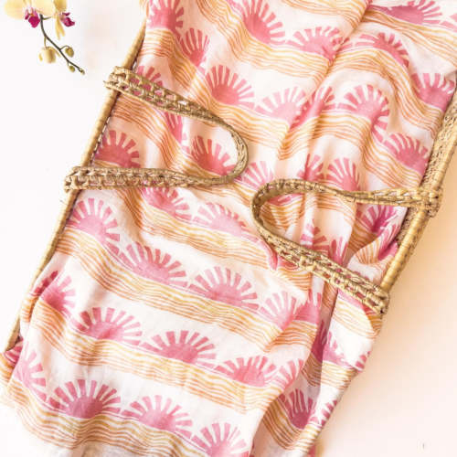 Pink Sun + Wave Swaddle | Organic Bamboo & Cotton Muslin | Ocean Nursery Decor – Coca + B.
