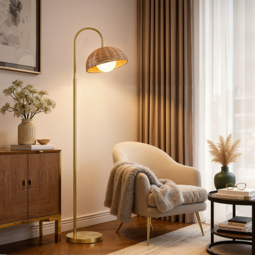 Highland Dunes 64" Coastal Rattan Floor Lamp With Adjustable 30° Swivel Head And Polished Finish For Living Room And Bedroom & Reviews | Wayfair