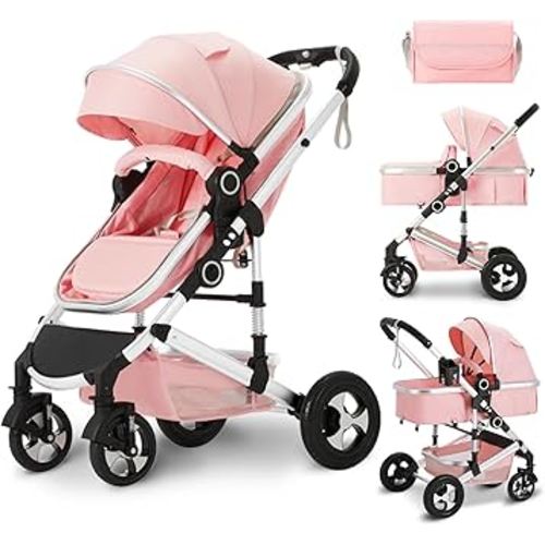 Kinder King 2 in 1 Convertible Baby Stroller, Folding High Landscape Infant Carriage, Newborn Reversible Pram, Adjustable Canopy, Diaper Bag, Pink