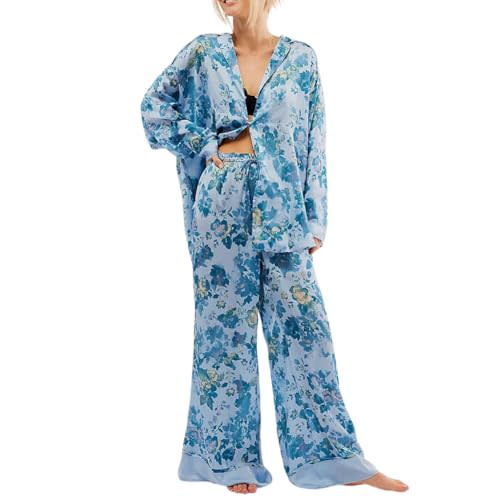 Women Satin Pajamas Set 2 Piece Western Cowgirl Silk Pjs Long Sleeve Floral Wide Leg Pants Button Down Loungewear