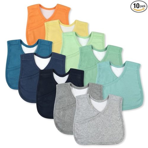 HonestBaby Multipack Reversible 4-in-1 Bibs Absorbent Terry and Knit 100% Organic Cotton Infant Baby Boys, Girls, Unisex, 10-pack Rainbow Blues, One Size