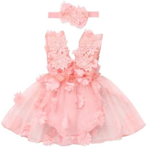 Newborn Baby Girl 1st Birthday Outfit Lace Tulle Romper Dress with Floral Headband Cake Smash Photo Props