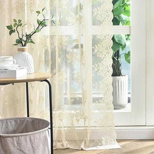 Kotile Beige Lace Floral Curtains for Living Room 42 x 84 Inch, 2 Panels
