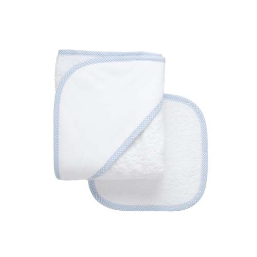 Small Check Trim Baby Hooded Towel & Washcloth Set, Blue