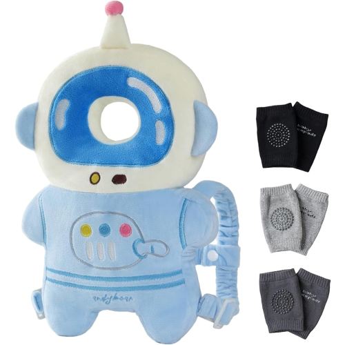 Feidoog Baby Head Protection Backpack with 3 Baby Knee Pads - Soft & Lightweight Head Protection for Walking and Crawling,Blue White Astronauts