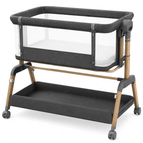 3 in 1 Baby Bassinet, Bedside Sleeper for Newborn, 7-Level Height Adjustable, Rocking Bassinet with Breathable Mesh, Lockable Wheels & Large Storage Space, Portable Baby Crib(Dark Gray)