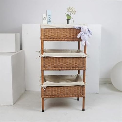 Rattan Shelving Unit, 3-Tier Rattan Organizer, Handmade Woven Storage Rack, Boho Farmhouse Storage Racks, for Living Room, Bedroom, Kitchen(with Lining,Medium)