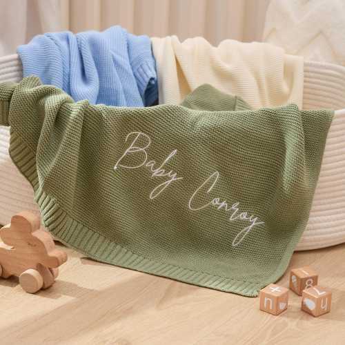Personalized Embroidered Baby Blanket, Organic Cotton Soft Knit, Custom Name & Date Blanket, Heirloom Keepsake Newborn Gift