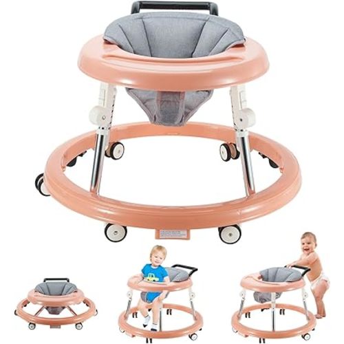 Baby Walker Foldable with 6 Adjustable Heights, Baby Walker with Wheels Portable, Infant Toddler Walker for Baby Boy Girls 6-18 Months (Pink)