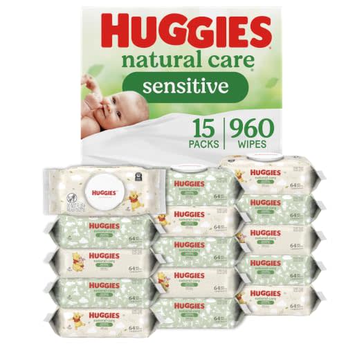 Huggies Natural Care Sensitive Baby Wipes, Unscented, 15 Packs, 960 Wipes | Fragrance Free, Gentle Clean, Hypoallergenic, Dermatologist Tested, No Harsh Irritants, 1-Handed Dispensing