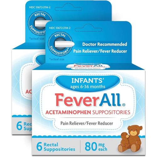 Feverall Infant Acetaminophen Suppositories 6 Rectal Suppositories 80mg Each Pain Reliever/Fever Reducer. Paraben Free, No Artificial Colors or Other preservatives. Ages 6-36 Months (Pack of 2)