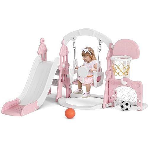 KORIMEFA 5-in-1 Kids Slide and Swing Set, Toddler Slide with Basketball Hoop, Swing, Outdoor Indoor Playground for Toddlers 1-3 (5 in1-Pink)