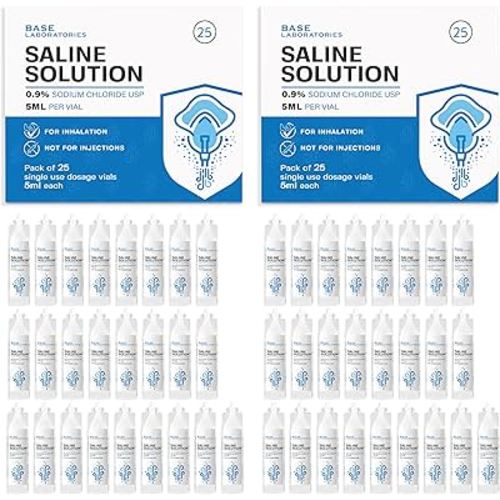 BASE LABORATORIES 0.9% Saline Solution for Nebulizer Machine | Saline Solution for Inhalation & Nasal Irrigation | 0.9% Concentration l (25 x 2) 50 Vials 5ml Unit Dose